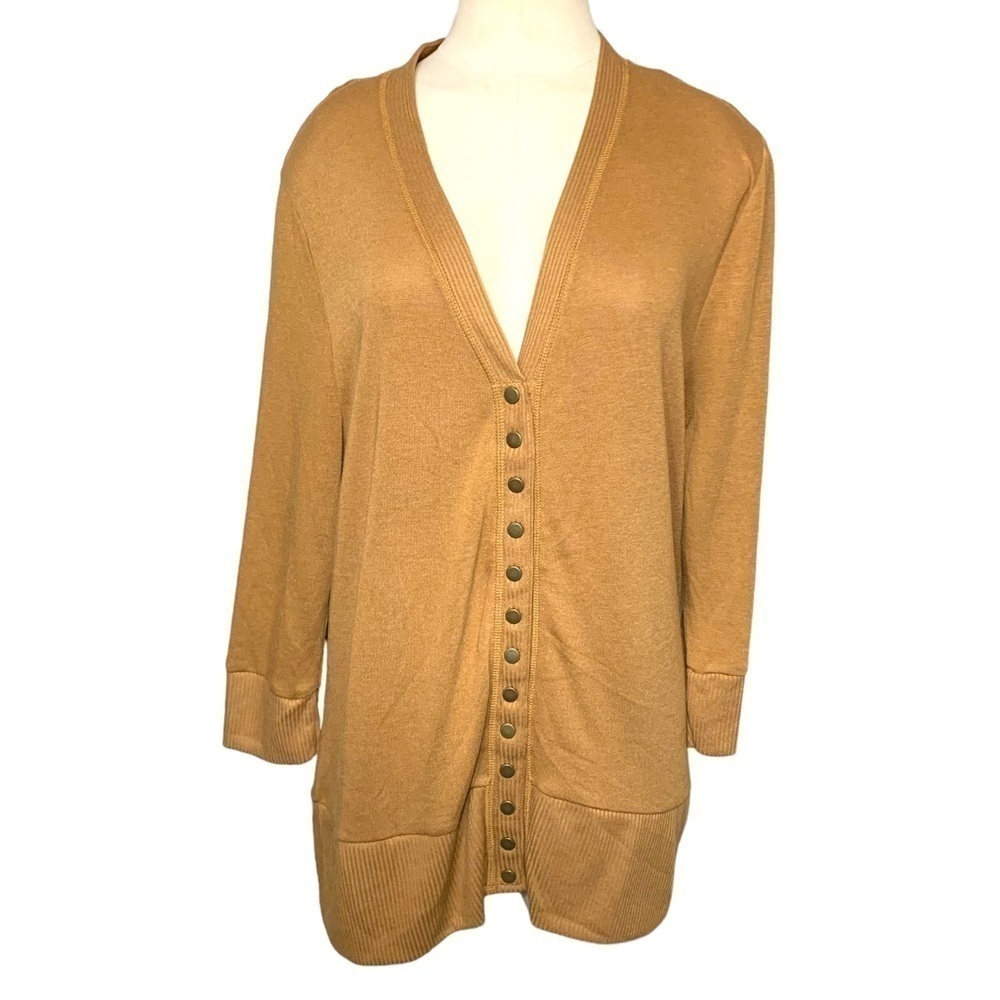Zenana Outfitters Button Front Knit Sweater Sz 1XL Mustard Brown V Neck Shirt